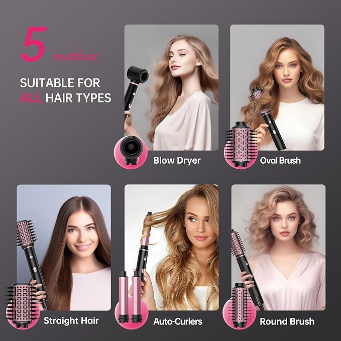 SKIMI 110,000 RPM Brushless Motor Hair Dryer Brush - 5 Muti-Styler for Fast Drying, Curling, Volumizing & Straightening | High-Speed Hot Air Brush for All Hair Types (Black & Blush Red)