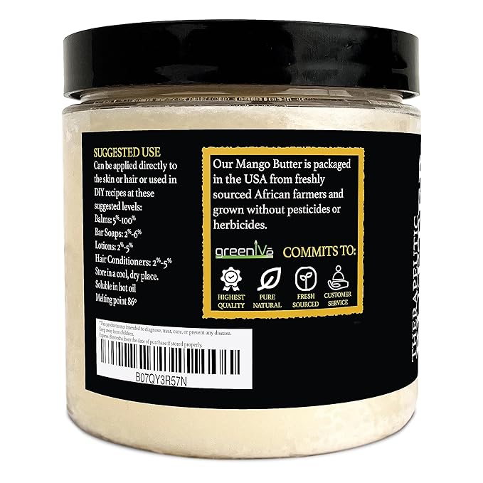 GreenIVe Deodorized Mango Butter Chuncks 100% Pure Raw Unrefined Natural Creamy Skin Hair Moisturizer Hydrating Body Butter Lotion Lip Balm Soap Making DIY Cosmetics Whipped Creams Food Grade 8oz