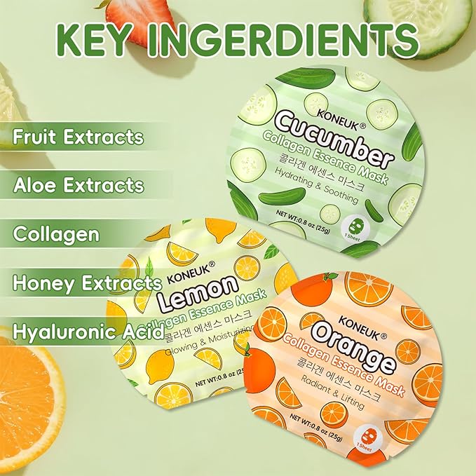 60 Pack Colorful Fruit Face Masks Skincare Set, Bulk Sheet Facial Mask for All Skin Types, Collagen Hydrating Face Mask for Women, Spa Party Gifts and Christmas Gifts (6 Types x 10 Pcs)