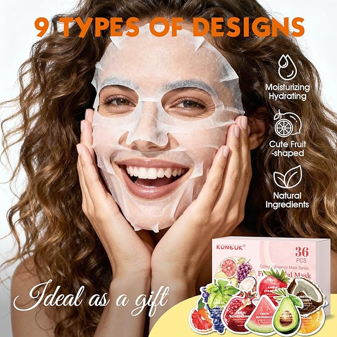 36 Pack Fruit Shaped Sheet Face Mask for Women, Collagen Hydrating and Moisturizing Face Masks Skincare for Dry Skin, Bulk Christmas Gifts, Spa Party Gifts and Stocking Stuffers(9 Types x 4 Pcs)