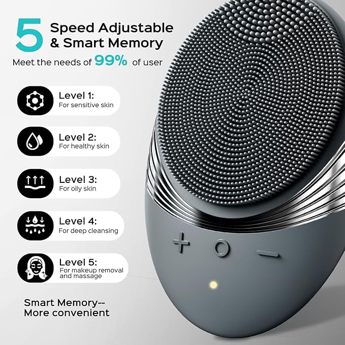 COSLUS Facial Cleansing Brush Face Scrubber: Portable Silicone Waterproof Rechargeable Face Wash Brush, 5 Cleansing Modes, Electric Deep Cleaning for Men & Women, Removing Blackhead, Exfoliating
