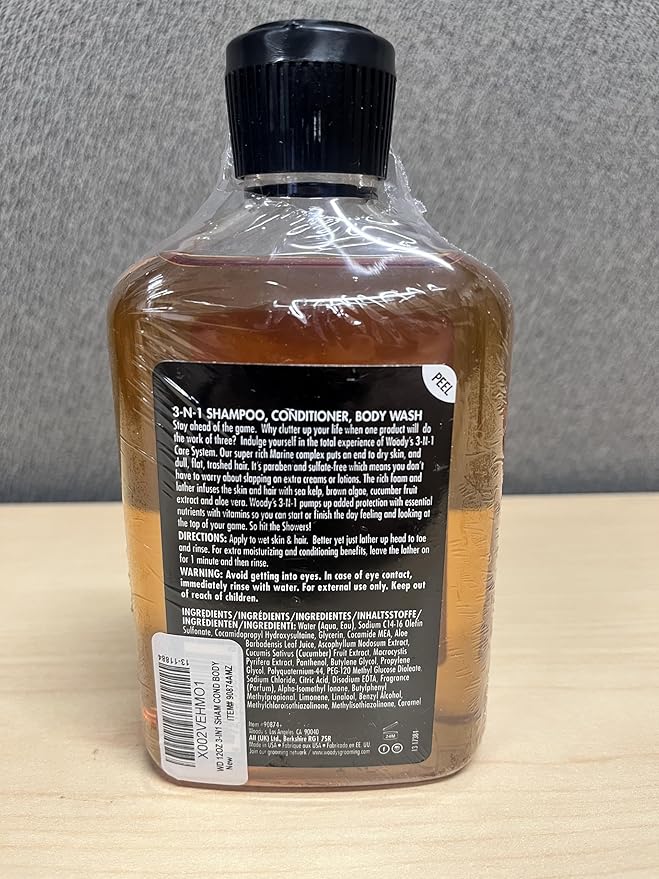 Woody's 3-in-1 Shampoo, Conditioner & Body Wash for Men, Travel-Size, All-in-One Hair & Body Cleanser for Daily Use, 12 fl oz