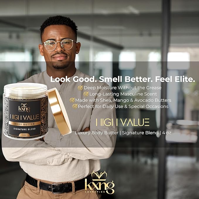 KXNG Cosmetics Shea Body Butter Cream – 4oz | Organic Body Butter for Men & Women with Shea, Cocoa, Mango & Coconut Oil | Deep Moisturizing Cream for Hands, Feet & All Skin Types – High Value