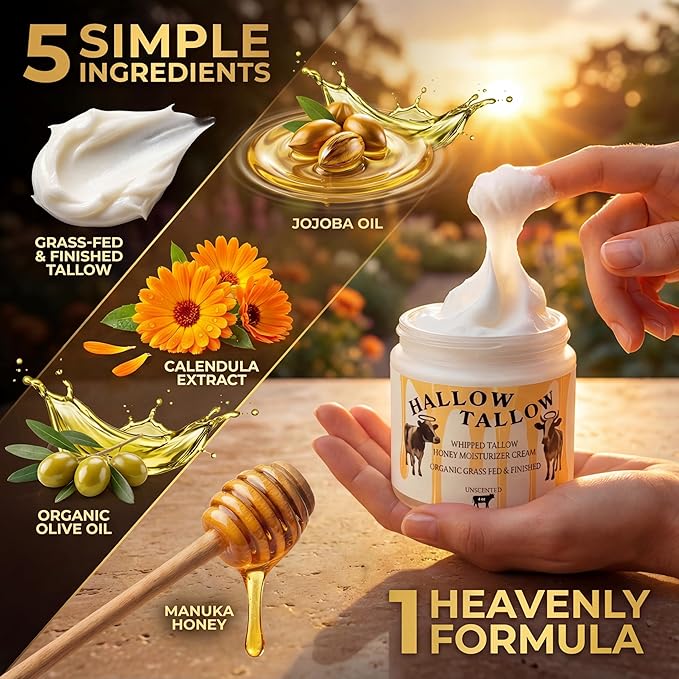 Hallow Tallow Whipped Beef Tallow Moisturizer – 100% Grass-Fed & Finished Tallow Balm with Manuka Honey, Jojoba & Olive Oil, Calendula Extract – Natural Hydrating Face & Body Cream, 4oz