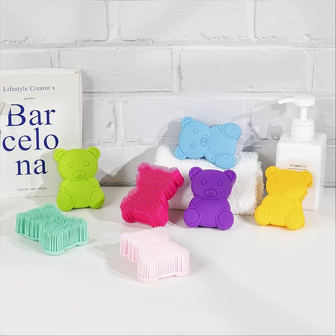 Premium Sensory Brush for Kids or Autism,Soft Silicone Body Scrubber,2 in 1 Sensory Room Occupational Therapy Fidget Brushes,Silicone Loofah,Pet Shower Brushes Bath Shampoo Brush(Bear-Teal)