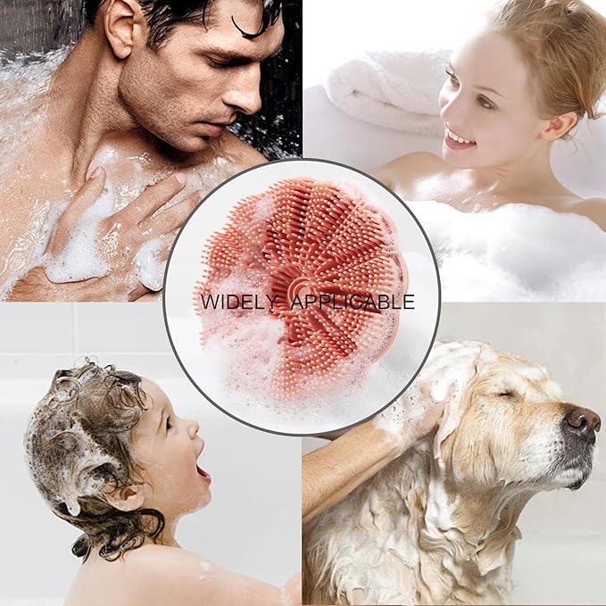 Silicone Body Scrubber Shower Brush, Exfoliating Body Wash Scrubbers for All Skin Types, Ergonomic No-Slip Handle, Body Brush for Showering (Pink)