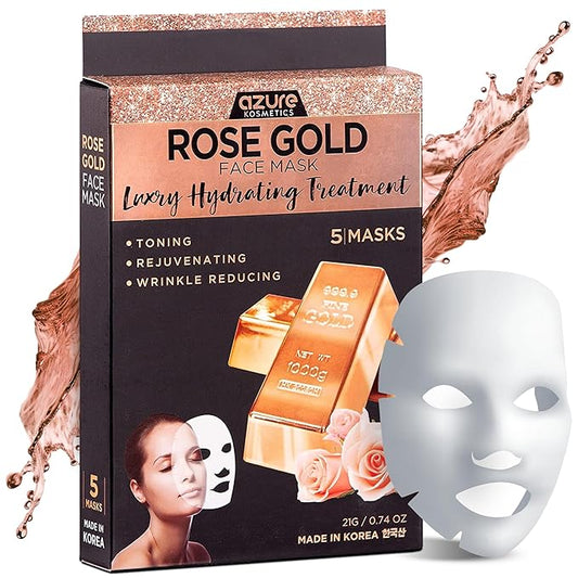Rose Gold Korean Facial Sheet Mask By Azure – Protects Against Sun & Outdoor Pollutants | Restores Natural Elasticity | Removes Dirt and Toxins For Clear Looking Skin - 5 PK