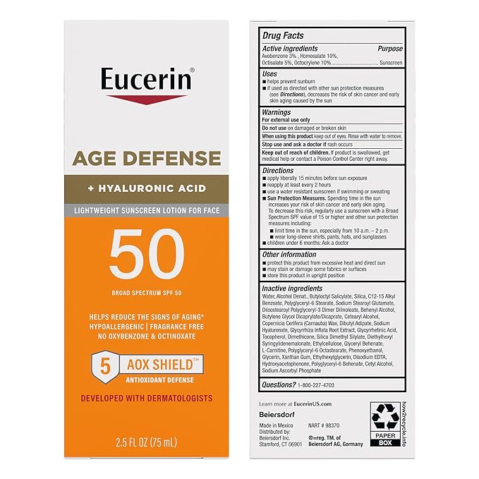 Eucerin Sun Age Defense SPF 50 Face Sunscreen Lotion with Hyaluronic Acid, Hypoallergenic, Non-Comedogenic Sunscreen SPF 50, Holiday Gifts for Self Care, 2.5 Fl Oz Bottle