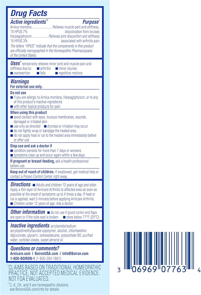 Boiron Arnicare Arthritis Cream for Pain Relief of Knees, Hands, Wrists, Elbows, Joints & Muscles – Quickly Absorbed & Fragrance-Free – 2.5 oz