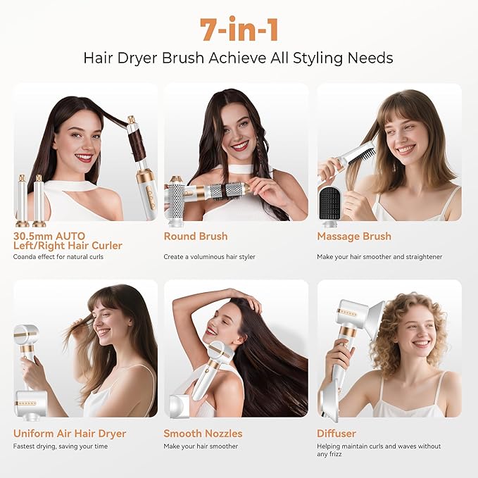 Hair Dryer Brush 7 in ONE, Powerful Blow Dryer Brush with Air Curler for Hair, Brush Blow Dryer with Diffuser, Ionic Hot Air Brush Fast Dry, Volumize, Curls, Straight, Hair Styling Tools 100-120V