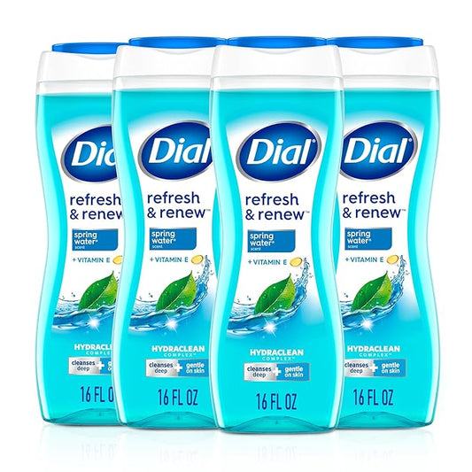Dial Body Wash, Refresh & Renew Spring Water, 16 Fl Oz (Pack of 4), Hydraclean Complex & Vitamin E, Gentle, Leaves Skin Feeling Nourished, Dermatologist-Tested, No Parabens & Sulfates