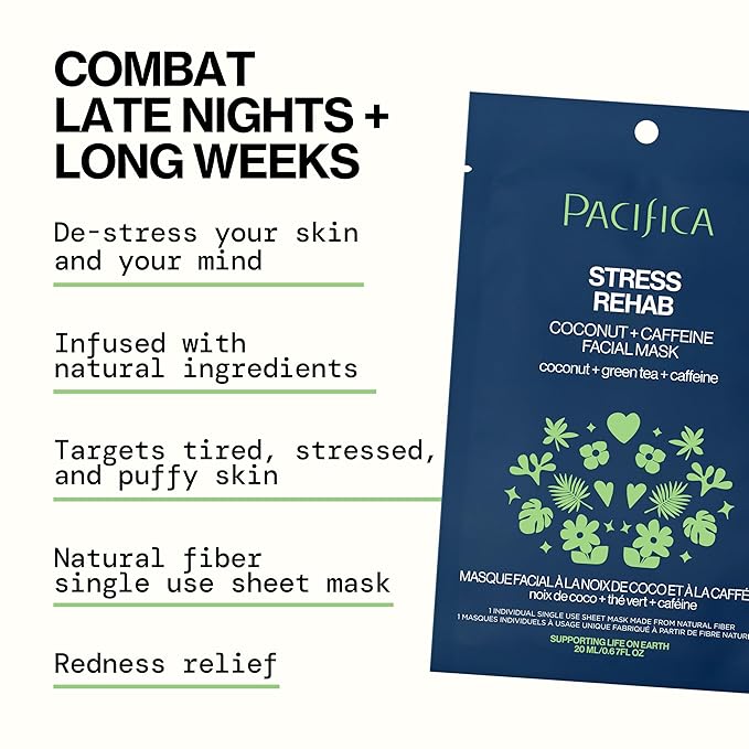 Pacifica Beauty Skin Rehab Coconut and Caffeine Facial Mask, Skincare, Green Tea, Puffiness, Face Mask, Sheet Mask, Face Care, All Skin Types, Vegan (6 Sheets)