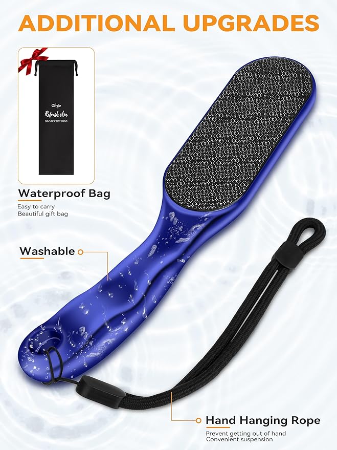 Nano Glass Foot File Foot Callus Remover Scrubber in Shower, Pedicure Tools Feet Scrubber Dead Hard Skin, Anti-Slip Handle Rope & Storage Bag Foot Files for Wet and Dry Feet Care Gift Blue