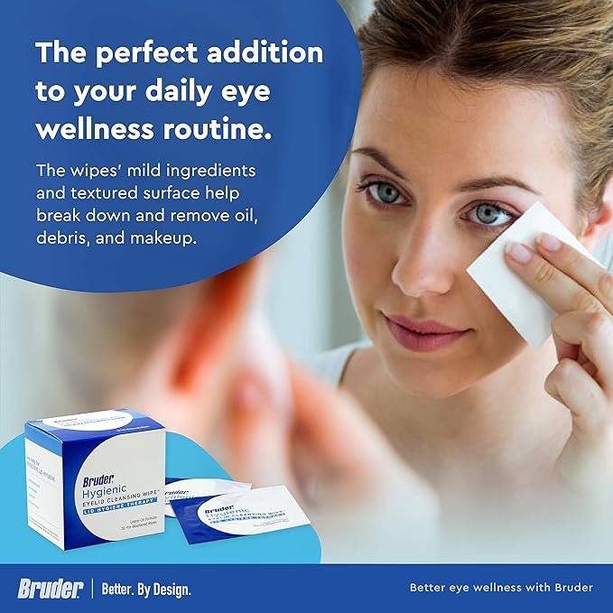 Bruder Hygienic Eyelid Cleansing Wipes | Rinse-Free Exfoliating Wipes Remove Excess Oil and Debris from Eyelids & Lashes | Remove Make Up & Oil l Eye Care l Eye Cleanse l Non-Allergenic l 30 Count Box