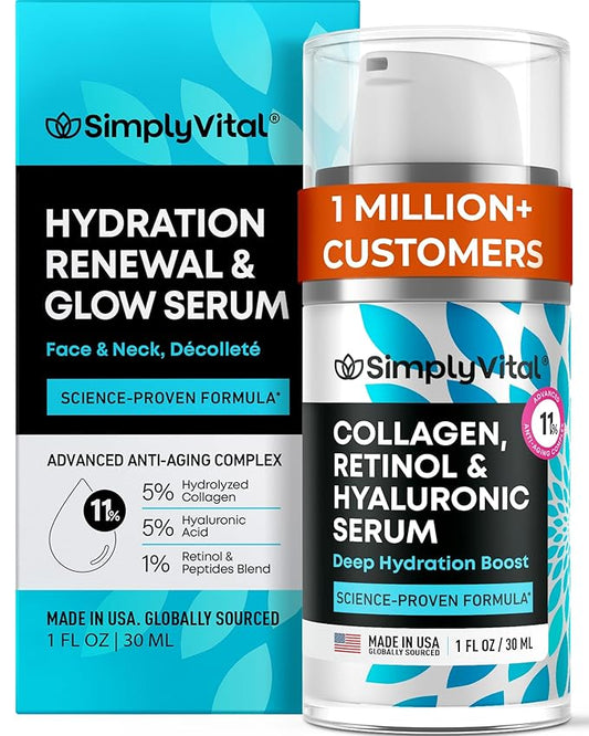 SimplyVital Collagen, Retinol & Hyaluronic Acid Serum - Anti-Aging Moisturizer for Face, Neck & Décolleté - Made in USA, Deep Moisturizing Skin Care Complex - Hydrating Facial Serum for Women, 1 fl.oz