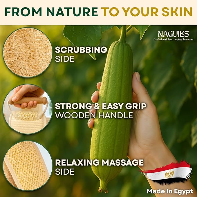 Christmas Gifts Premium 2 in 1 Egyptian 100% Natural loofah with Handle Back Scrubber for Shower and Massage exfoliating Body Scrubber for Women and Men Back Scratcher washers for Shower loofa