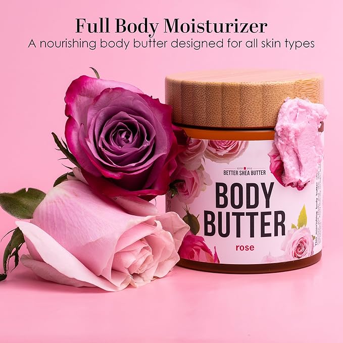 Rose Body Butter for Dry Skin with Whipped Shea Butter and Pure Essential Oil | Ultra Hydrating Rose Lotion for Women | All Natural Moisturizer for Dry Skin