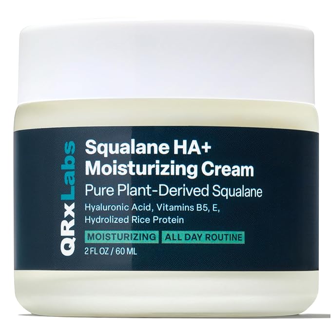 QRxLabs Plant-Based Squalane Face Moisturizer - Hyaluronic Acid Hydrating Cream - Moisturizing Face Cream Vitamin B5 & Rice Protein - Silicone-Free Cruelty-Free Body Moisturizer - 2 Fl Oz