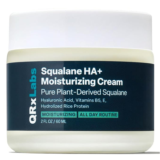 QRxLabs Plant-Based Squalane Face Moisturizer - Hyaluronic Acid Hydrating Cream - Moisturizing Face Cream Vitamin B5 & Rice Protein - Silicone-Free Cruelty-Free Body Moisturizer - 2 Fl Oz