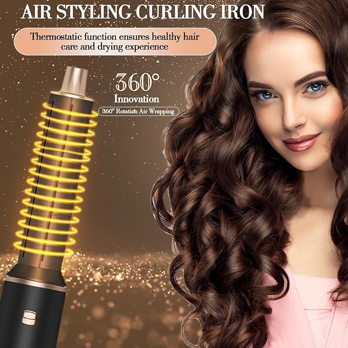 5 in 1 Hot Air Brush - Blow Dryer Brush & Air Curling Wrap Styler with Negative Ion Technology, Hair Dryer Brush for Drying, Curling, Straightening & Styling, Holiday Gift for Women (Black)