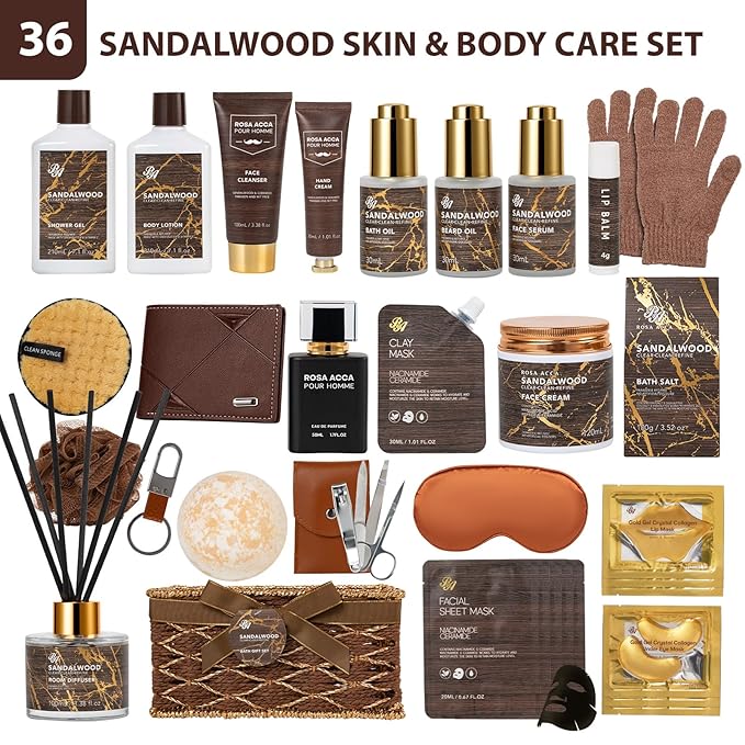 36 Pcs Christmas Gifts For Men, Sandalwood Bath & Body Gift Basket, Beard Grooming Set, Face Skin Care Kit, Men Home Spa Gift, Bath Bomb, Bear Oil, Birthday, Valentines, Father's Day, Dad, Anniversary