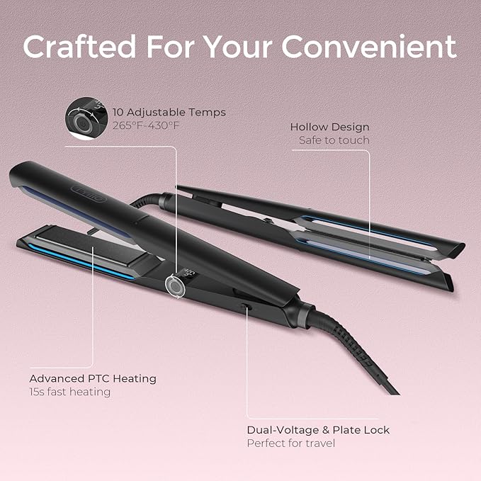 TYMO Flat Iron Hair Straightener - Upgraded Long Hollow Plates Straightener and Curler 2 in 1 for Fast Smooth Styling, Ceramic Hair Straighteners for Women, 15s Heat Up, 5 Billion Ions, Dual Voltage