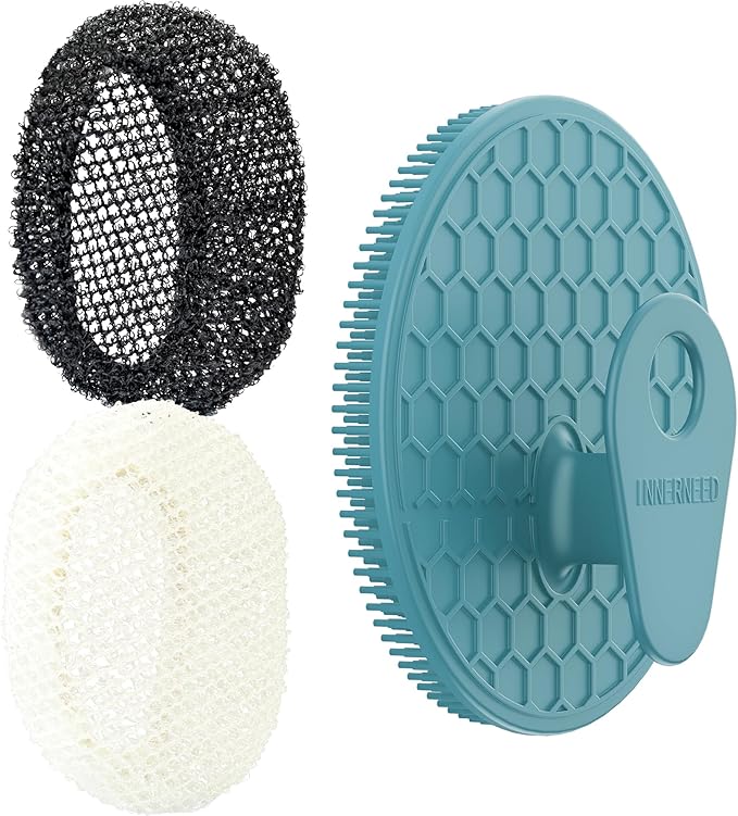 INNERNEED 2 Pieces African Net Sponge Exfoliating Shower Mesh Bath Washcloth Case, with 1 Silicone Body Scrubber Brush (DarkGreen)