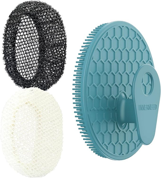 INNERNEED 2 Pieces African Net Sponge Exfoliating Shower Mesh Bath Washcloth Case, with 1 Silicone Body Scrubber Brush (DarkGreen)