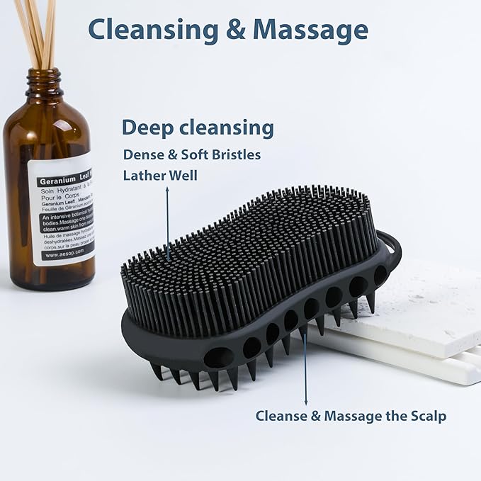 MtBoi 2PC Double-Sided Exfoliating Silicone Body Scrubber, 2-in-1 Bath Scrubber, Shampoo Brush, Silicone Loofah for All Skin Types, Shower Body Scrubber, Easy to Clean, Lather Well (Black&Gray)