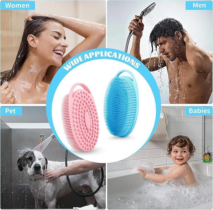 Soft Silicone Body Scrubber Loofah - 2 Pack Rubber Loofah 2 in 1 Bath and Shampoo Brush, Silicone Body Shower Brush Scrubber Cleaning Exfoliating Use for Sensitive Skin, Lather Well, Pink and Blue