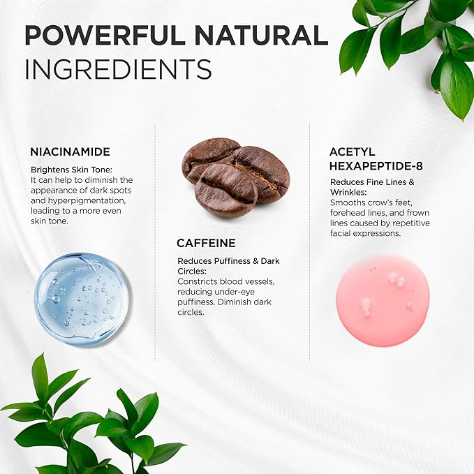 Under Eye Cream for Puffiness and Bags: Caffeine Serum Roller for Dark Circles Treatment - With 5% Caffeine Retinol Hyaluronic Acid Niacinamide Peptides 0.5 fl. oz (Medium, Unscented)