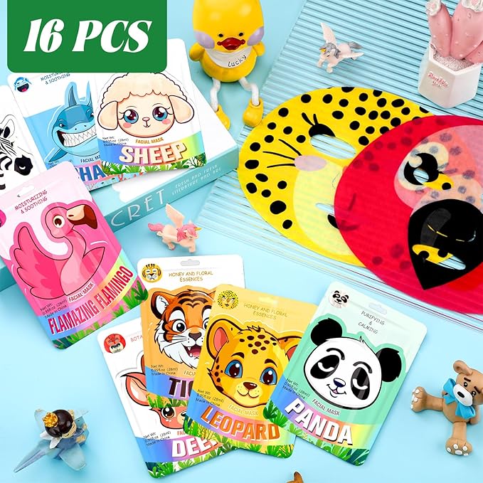 16 Pcs Animal Face Masks Bulk Spa Sheet Skincare Facial Mask Funny Face Skin Care for Women Girls Sleepover Slumber Party