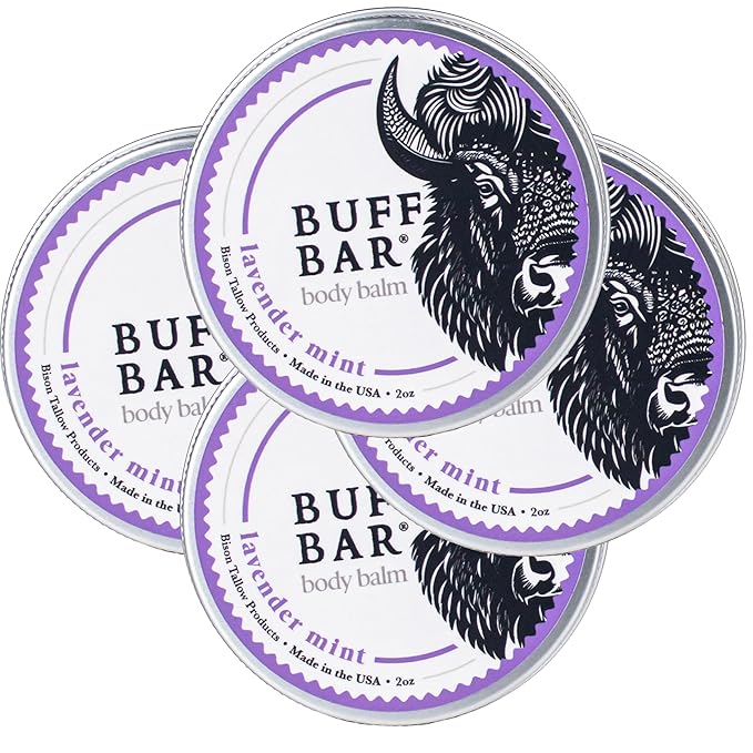 BUFF BAR Pure Bison Tallow Balm, Lavender Mint, 4 Pack - All Purpose, Hydrating, Naturally Derived, Mild Scent, Replaces Lotion, For Cracked, Dry, Itchy, Irritated Skin, Essential Oil