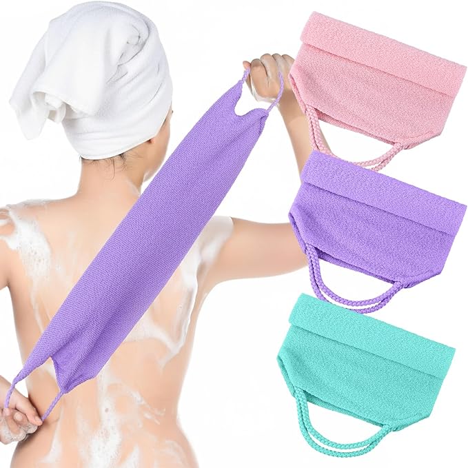 Exfoliating Shower Towel, 3 Pcs Double-Sided Back Exfoliator Body Scrub Towel, Nylon Scrubber with Handles, Stretchable Back Washer for Shower for Women Men(Green, Pink, Purple)