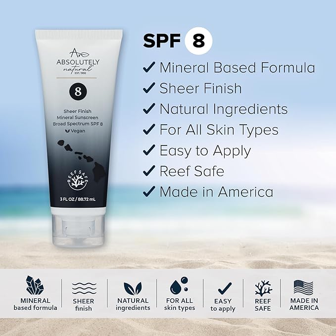Absolutely Natural - SPF 8 Mineral Sunscreen - Water Resistant Moisturzing Lotion for Body & Face - Non-Nano Zinc Oxide, Vitamin E - 3 Oz