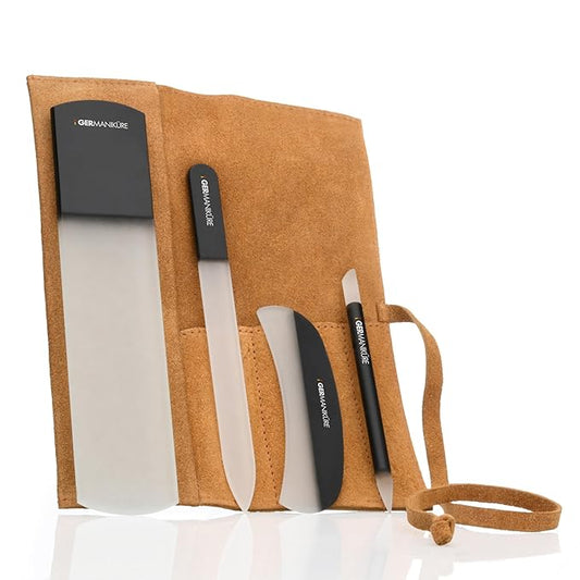 4pcs Manicure Set Genuine Czech Crystal Black Glass Nail File Moon File Manicure Stick Pedicure Foot Care Bar in Yellow Suede by GERmanikure