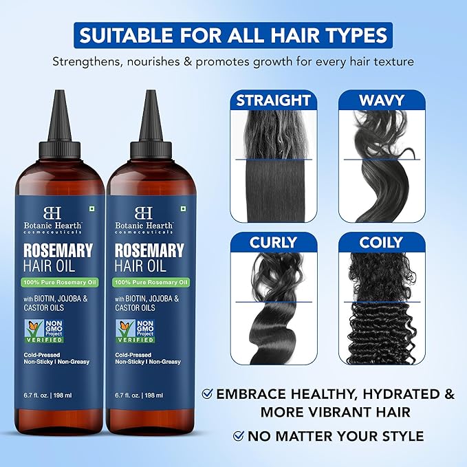 Botanic Hearth 100% Pure Rosemary Oil For Hair Growth | Infused with Biotin, Jojoba & Castor Oil | Hair Oil Repairs Dry Damaged Hair, Strengthening, Healthier - Hair Tonic, 6.7 fl oz - Pack of 2