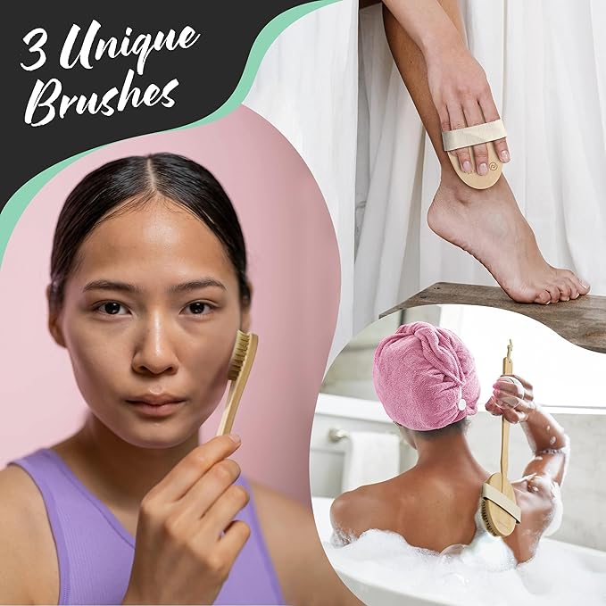 Nevlers Natural Boar Bristle Dry Brushing Set | 4-Piece Body Brush Kit for Exfoliating, Lymphatic Drainage & Circulation | Body Brush, Face Brush, Long-Handled Back Brush + Storage Bag