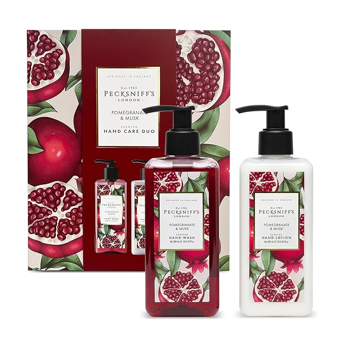 Pecksniffs Moisturizing Hand Wash and Hand & Body Lotion Caddy Set - Enchanted Winter Hand Care Duo, Pomegranate & Musk, Hard Box