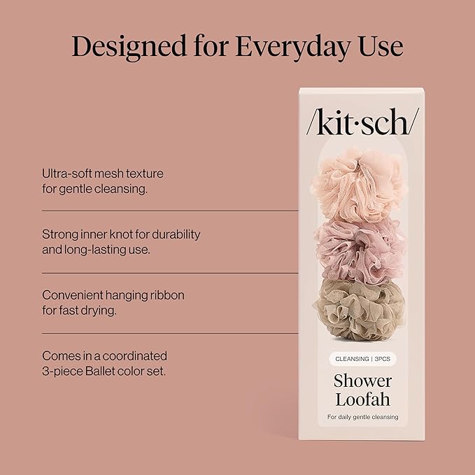Kitsch Shower Loofah – Soft Mesh Body Scrubber & Bath Sponge for Daily Gentle Cleansing – Durable Loofah for Men and Women with Hanging Loop, Eco-Friendly, 100% PCR Material – 3pc Set, Ballet
