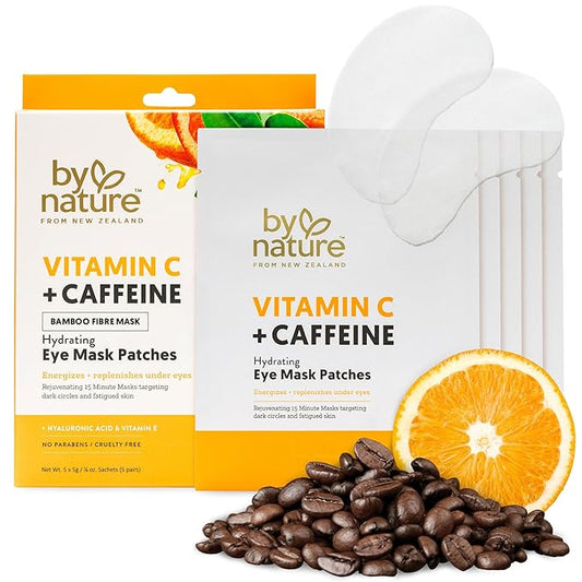 By Nature Vitamin C + Caffeine Brightening + Hydrating Under Eye Mask Patches - Energizing + Replenishing Eye Patches for Dark Circles - Skincare from New Zealand - Under Eye Patches - 5 Pairs