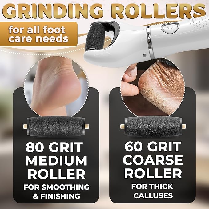 Rechargeable Electric Foot File Callus Remover – 3-Speed Foot Scrubber Electric (1800/2200/2800 RPM), Dry Skin Remover for Feet – 1200mAh, 70 Min Runtime, 2 Replacement Rollers 80 and 60 Grit