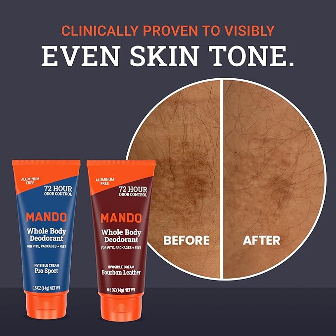 Mando Whole Body Deodorant For Men - XS Travel-Sized Invisible Cream Tube - 72-Hour Odor Control - Aluminum-Free, Baking Soda-Free - 0.5 ounce Tubes (Pack of 2) - Bourbon Leather and Pro Sport Scents