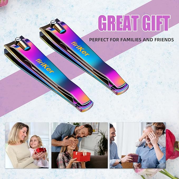 2PCS Stainless Steel Nail Clippers,Rainbow Fingernail Clipper and Toenail Clipper, Wide Easy Press Lever Nail Cutter with Swing Out Nail Cleaner/File for Men and Women