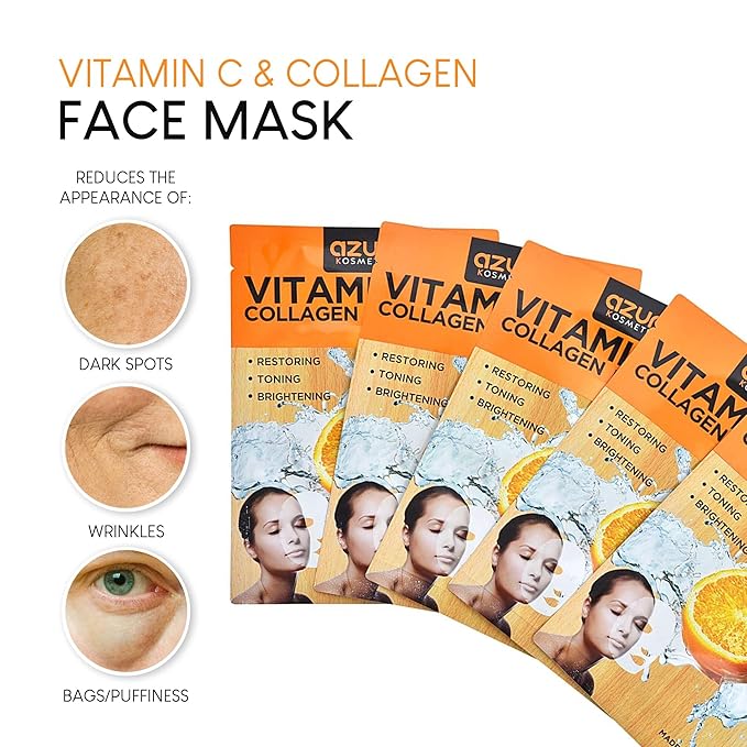 Azure Cosmetics Vitamin C & Collagen Face Mask - Dermatologist Tested, Anti Aging, Hydrating & Moisturizing Sheet Mask for Dry Skin - Firms, Tones & Smooths Fine Lines - Korean Skin Care - Pack of 5