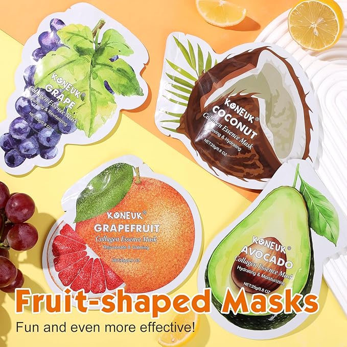 36 Pack Fruit Shaped Sheet Face Mask for Women, Collagen Hydrating and Moisturizing Face Masks Skincare for Dry Skin, Bulk Christmas Gifts, Spa Party Gifts and Stocking Stuffers(9 Types x 4 Pcs)