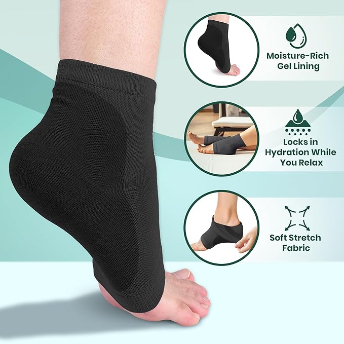 Moisturizing Heel Socks for Cracked Heels - Gel Socks for Dry Cracked Feet Repair - Silicone Socks for Women’s Foot Treatment & Overnight Hydration (Black, 2-Pair)