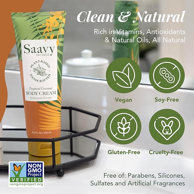Saavy Naturals Body Cream Tropical Coconut Plant-Based Ingredients| Made In USA | Absorbent Shea Butter Vegan Formula, Thick and Creamy Body Moisturizer, Body Lotion for Dry Skin- 8.5 Fl Oz