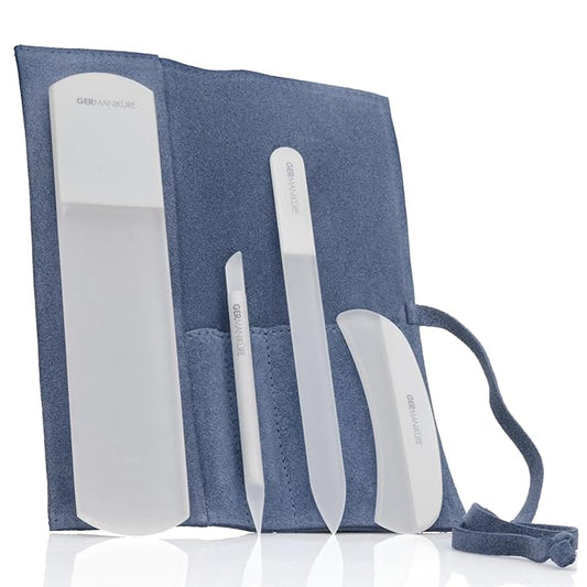 4pcs Manicure Set Genuine Czech Crystal Gray Glass Nail File Moon File Manicure Stick Pedicure Foot Care Bar in Light Blue Suede by GERmanikure