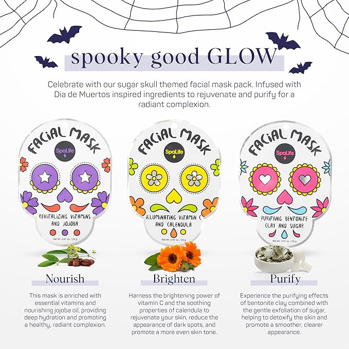 SpaLife Dia de Muertos Facial Mask Variety Pack - 9 Count for Hydrating and Refreshing Skin Care Korean Sheet Masks - Moisturizing Face Mask Sheets for Spa-Like Skin Rejuvenation